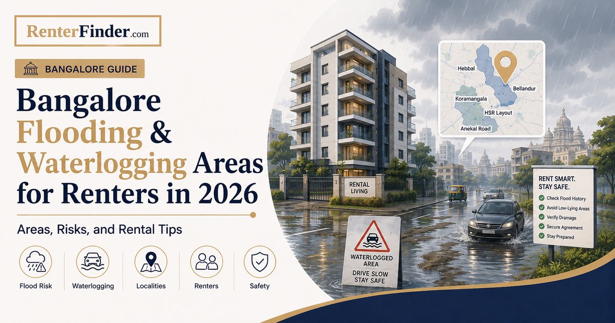 Flooded street in Bangalore during monsoon showing waterlogging - a renter guide to flood-prone areas to check before signing a lease in 2026.