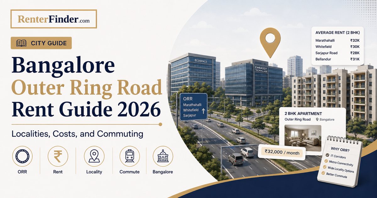 Bangalore's Outer Ring Road corridor showing three tech park zones and nearby rental localities for IT professionals in 2026.