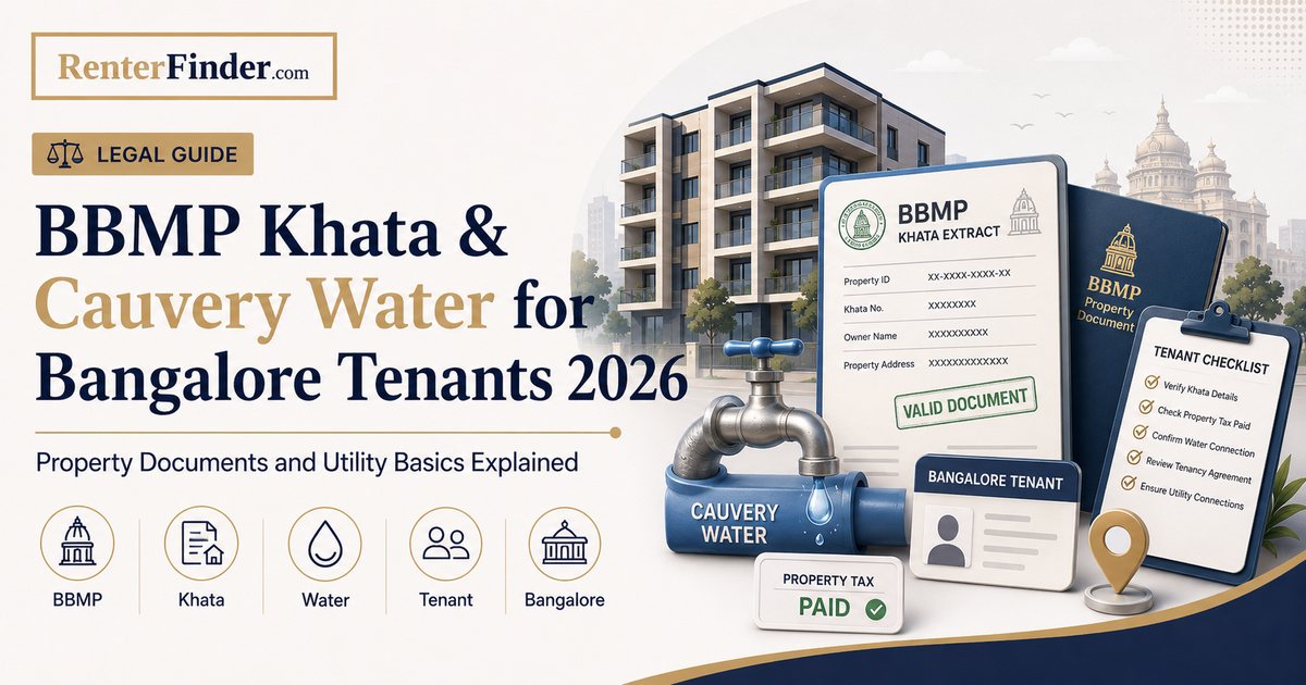 Infographic explaining BBMP Khata types A and B and Cauvery water supply for Bangalore renters in 2026, with questions to ask landlords before signing a lease.