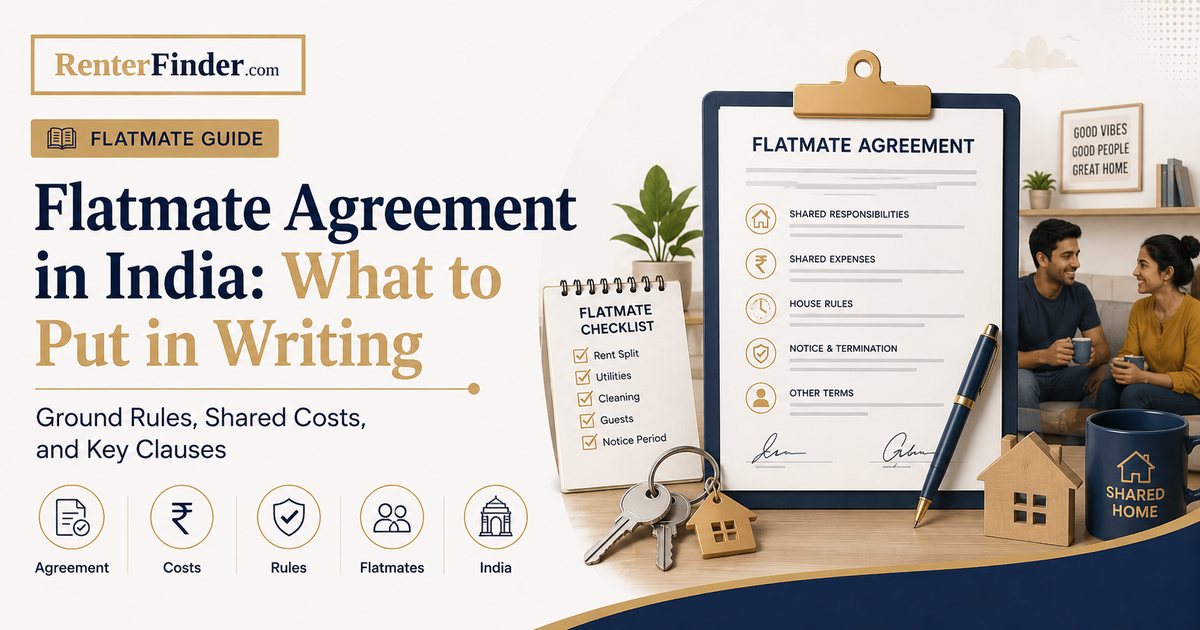 Two flatmates in India reviewing a written co-occupant agreement before moving into a shared flat - covering rent, deposit, bills and house rules.