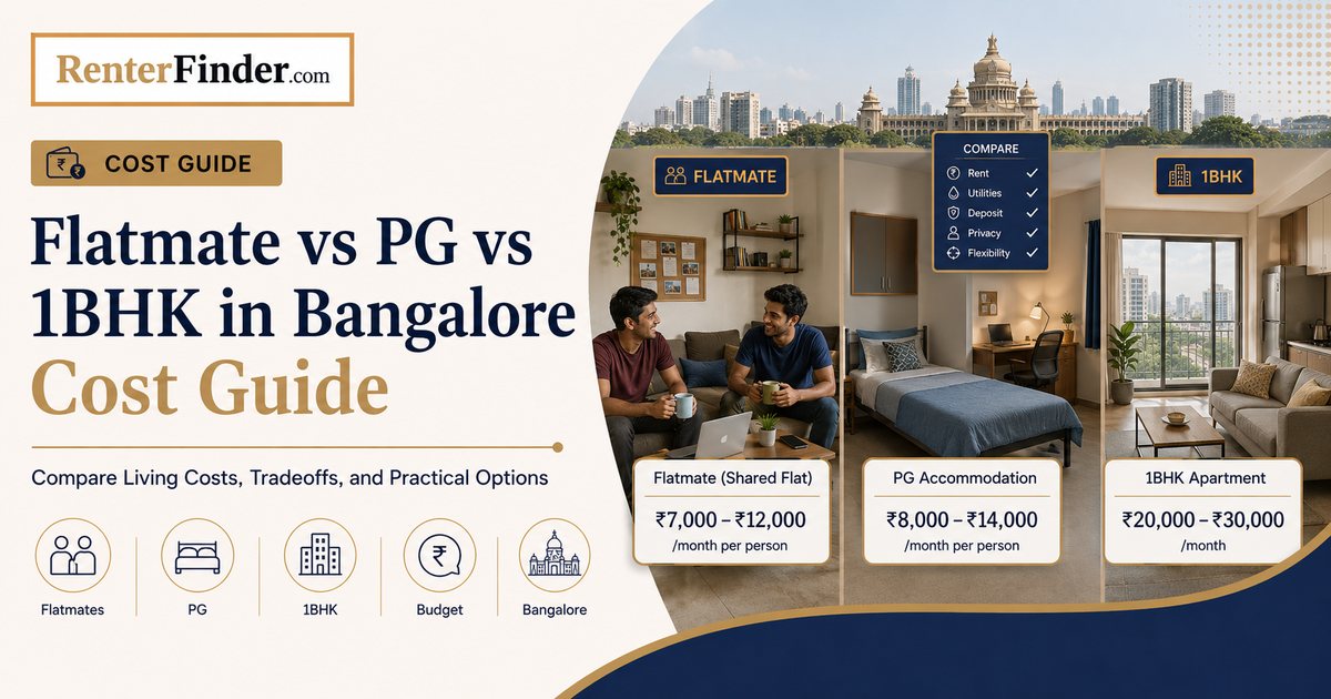 Monthly cost comparison chart for PG accommodation, flatmate sharing, and solo 1BHK rental in Bangalore in 2026, with rent, deposit and bills breakdown.