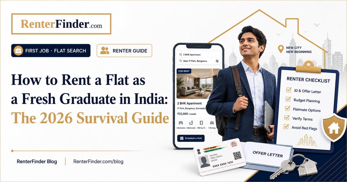 Fresh graduate moving boxes into a first rental flat in India in 2026 - first-time renter starting independent life with a new lease.