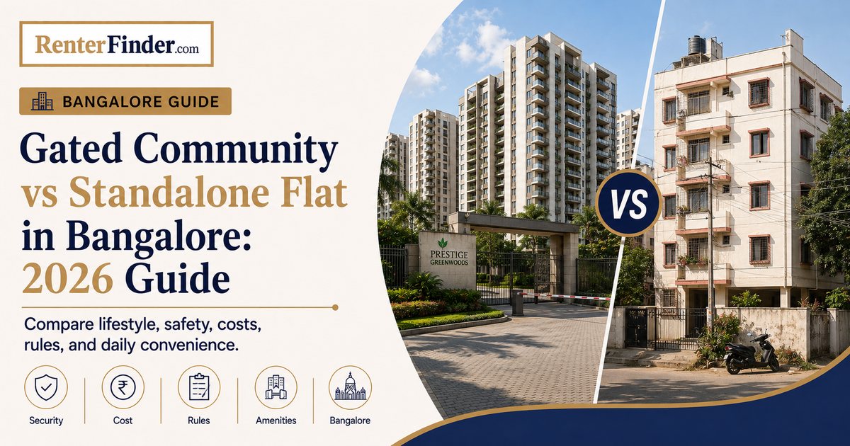 Comparison of gated apartment society versus standalone flat in Bangalore - maintenance charges, RWA rules, water supply, and deposit norms explained for renters in 2026.