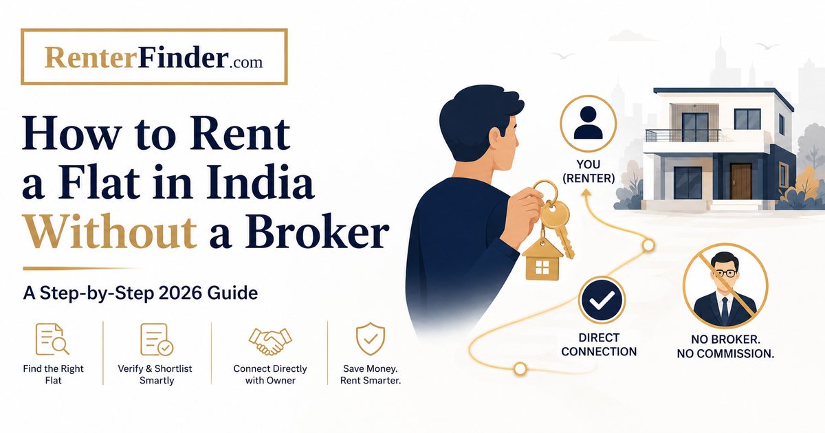 Indian tenant searching for a rental flat directly without a broker - using online platforms and society groups to save broker commission in India.