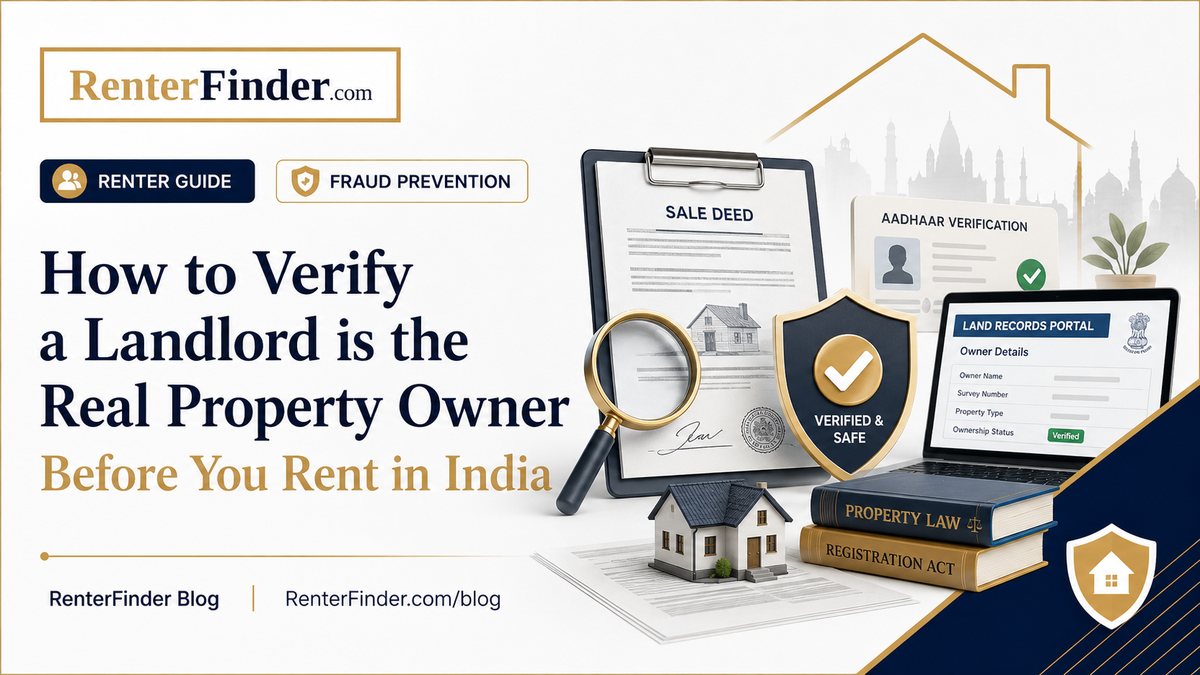 Indian tenant verifying a landlord's property ownership documents - encumbrance certificate, sale deed, and Aadhaar cross-check before signing a rent agreement.
