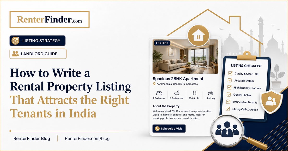 Indian landlord writing a high-converting rental property listing on a laptop, surrounded by professional property photos and floor plan.