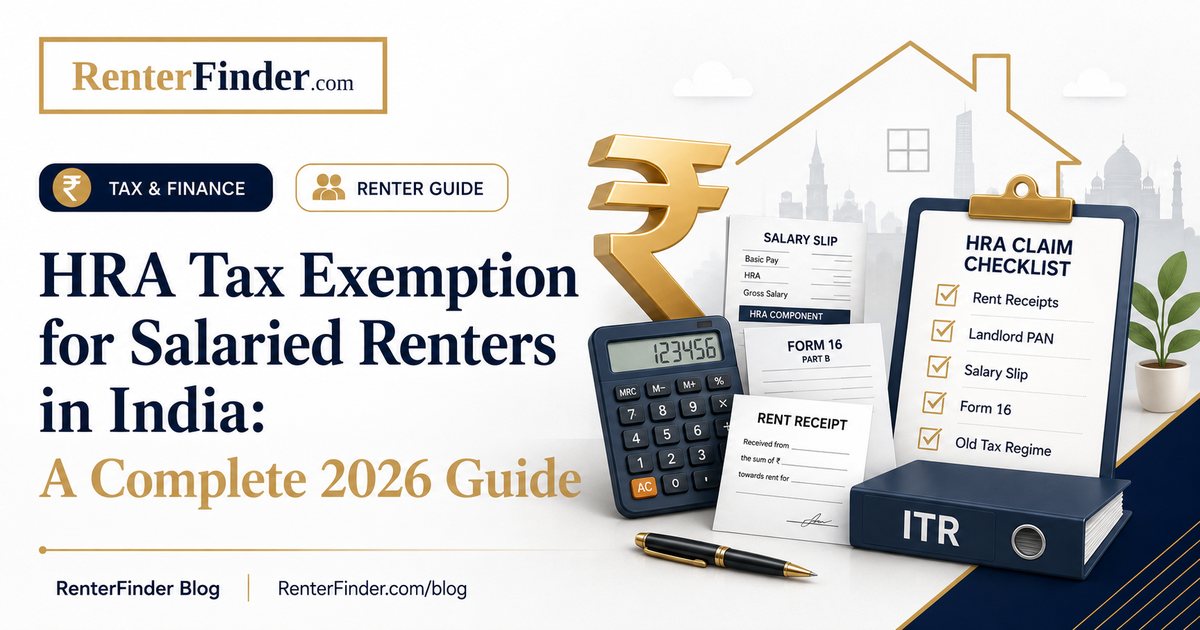 Salaried Indian renter calculating HRA (House Rent Allowance) tax exemption on rental income with documents, rent receipts, and a laptop.