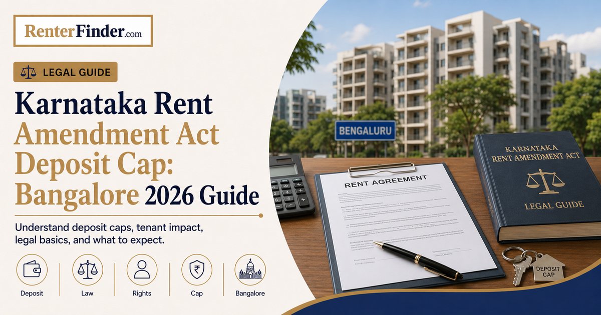 Bangalore apartment building with text overlay about Karnataka's new 2-month security deposit cap law effective January 2026.