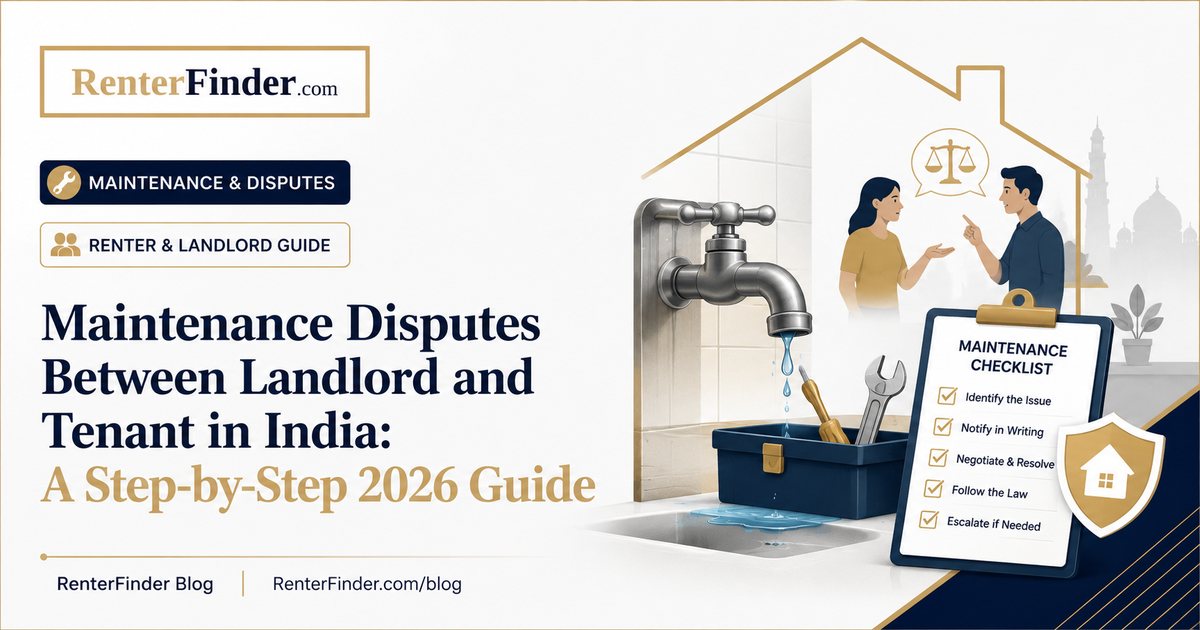Indian landlord and tenant reviewing maintenance issues in a rented flat - illustrating common repair dispute scenarios under India tenancy law.