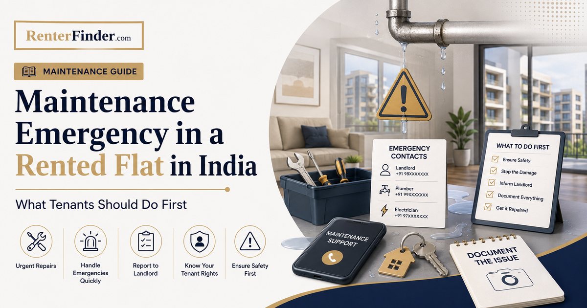 A tenant in India dealing with a maintenance emergency in a rented flat - burst pipe, power failure - with a step-by-step action guide for 2026.