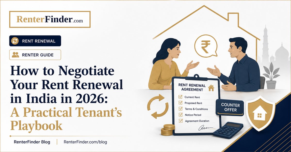 Indian tenant negotiating rent renewal with a landlord across a table - paperwork and a 2026 lease ready for discussion.