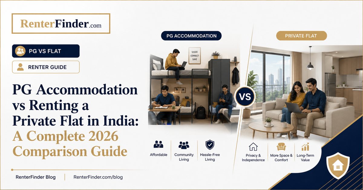 Side-by-side view of a PG accommodation and a private rental flat in India - comparing cost, privacy, and amenities for working professionals.