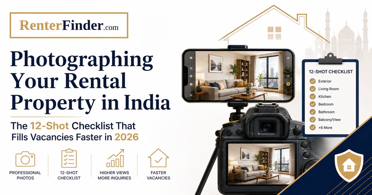 Indian landlord photographing a rental flat with a smartphone - composition, lighting, and angles that make listings convert in India.