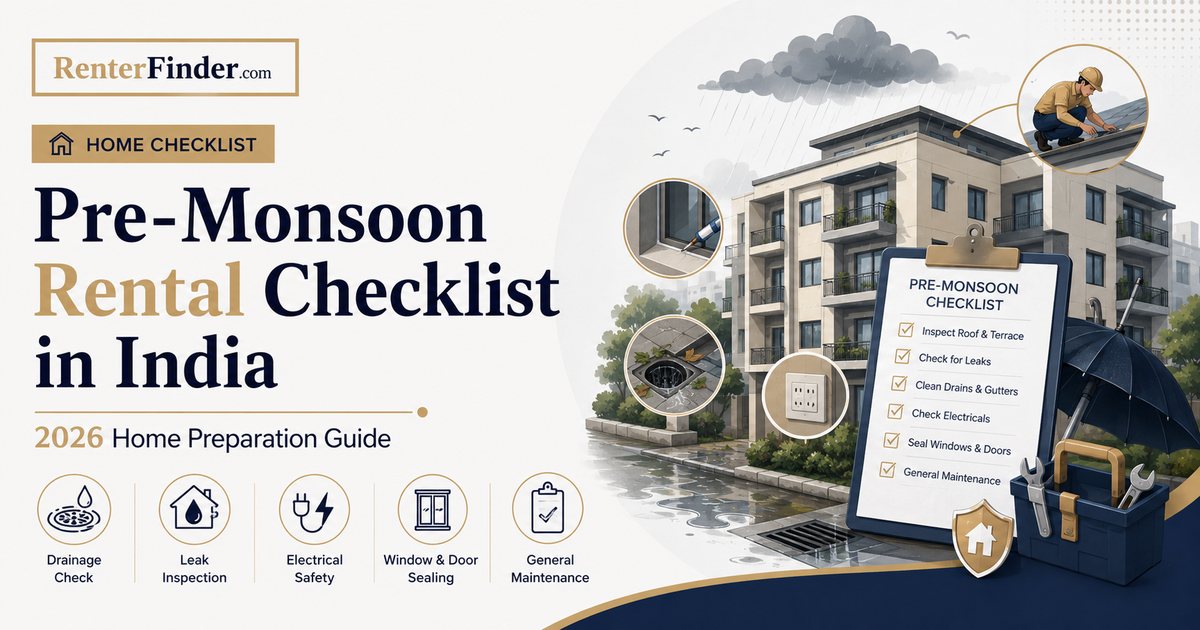 Indian renter inspecting a flat ceiling for water stains and leakage before the June monsoon season - pre-monsoon rental checklist guide for tenants in India.