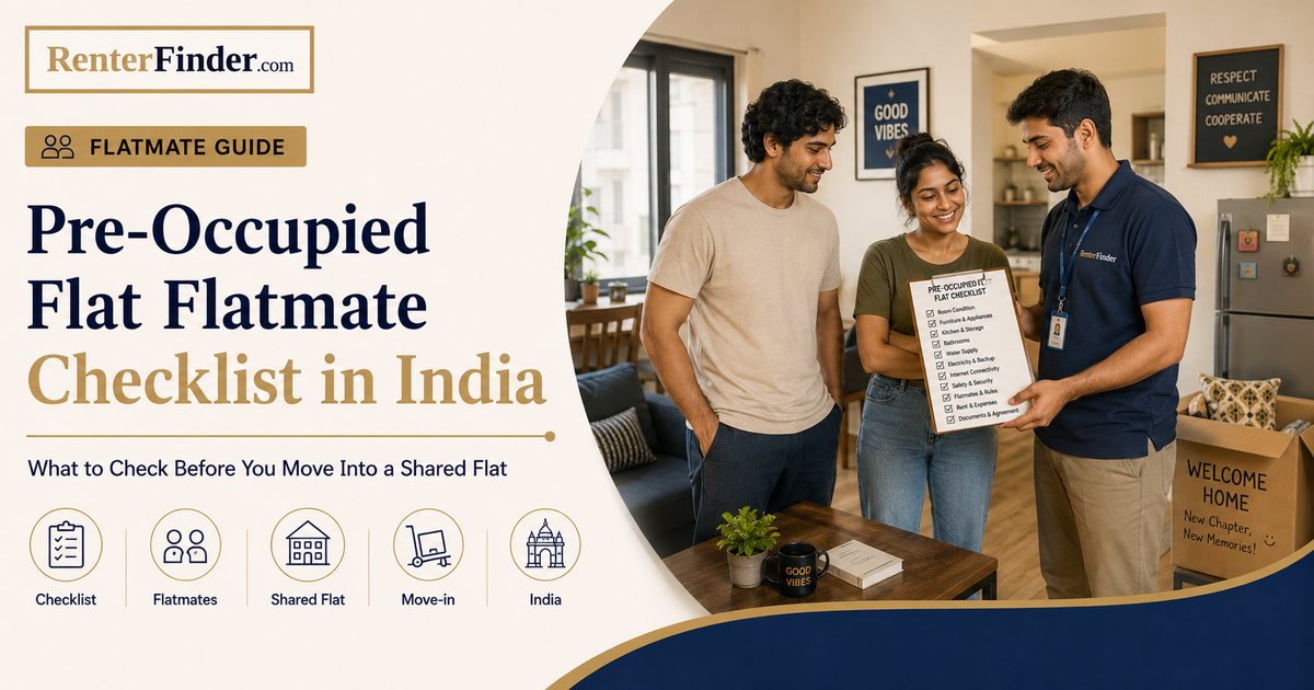 Two flatmates in a Bangalore apartment discussing what to check before one moves into the pre-occupied flat as a new flatmate.