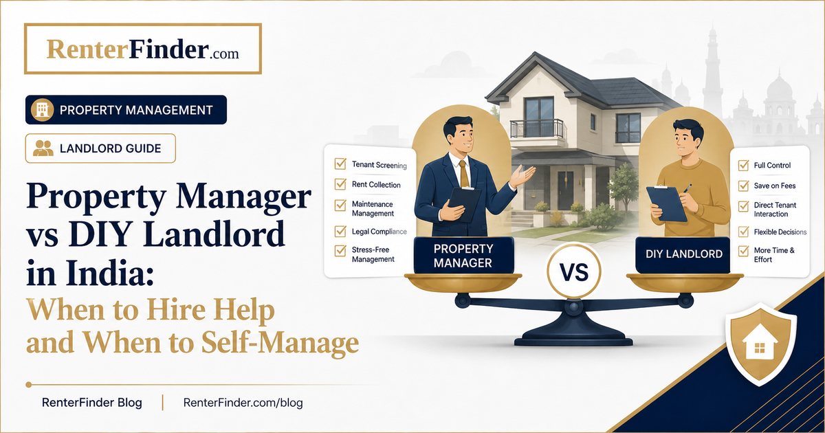 Indian landlord weighing whether to hire a property manager versus self-managing a rental property in India - costs, time, and trade-offs visualized.