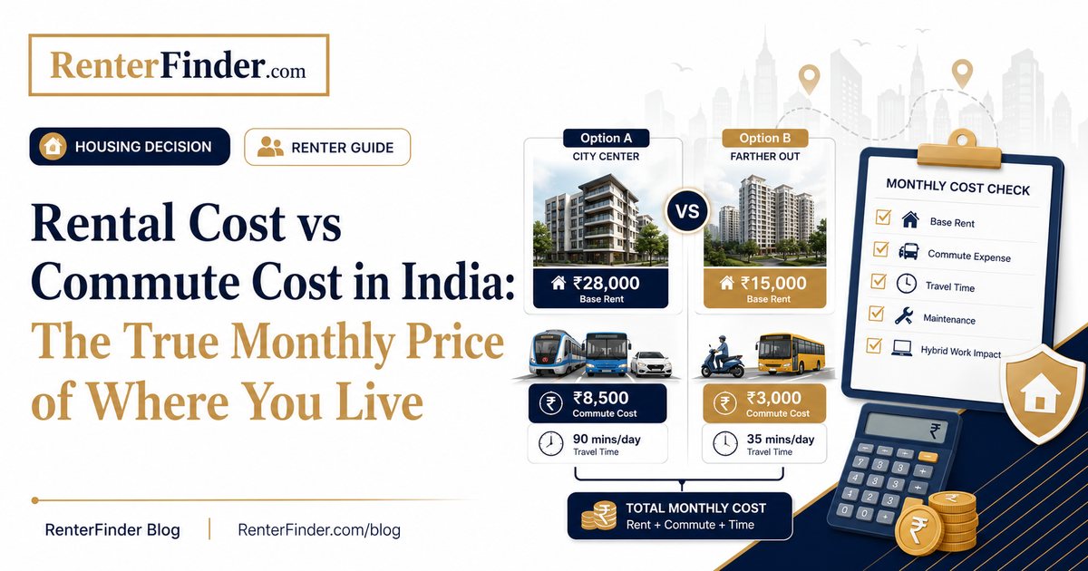 Indian renter calculating monthly rental savings versus daily commute costs on a map of the city - cost-of-living trade-off illustration.
