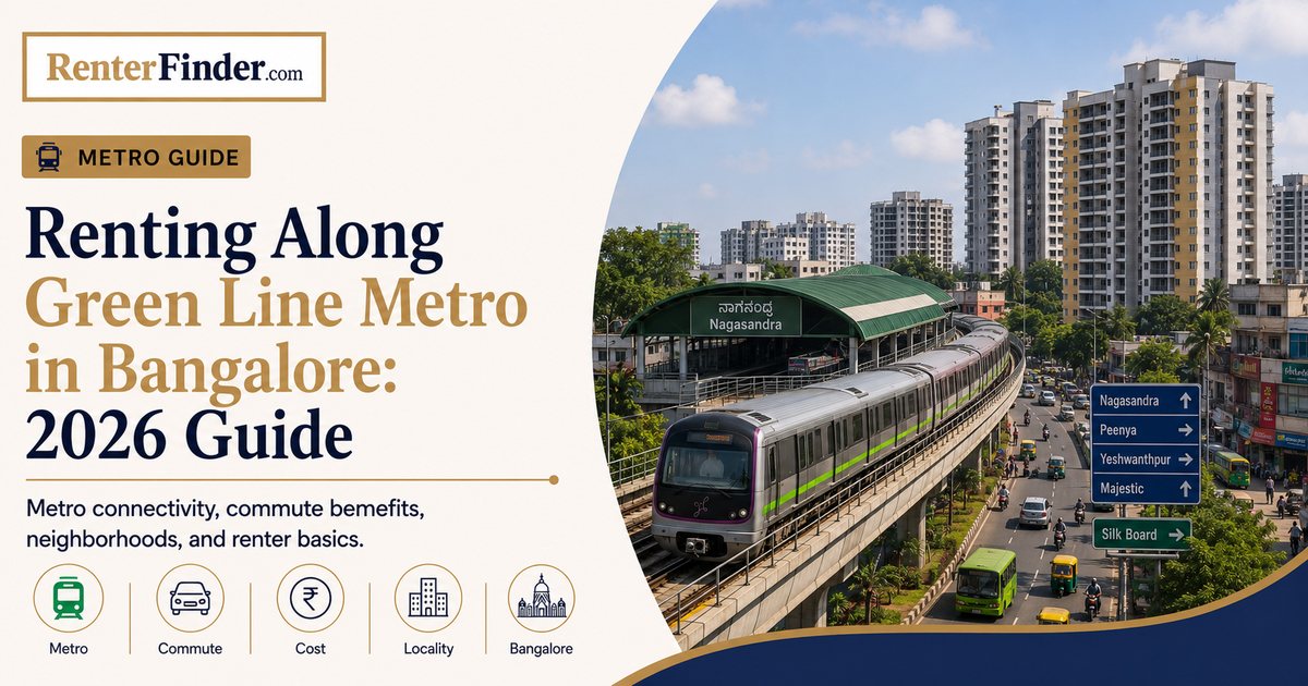 Map of Bangalore Green Line metro corridor showing rental zones from Nagasandra to Yelachenahalli with 2026 rent ranges for renters and flatmate seekers.