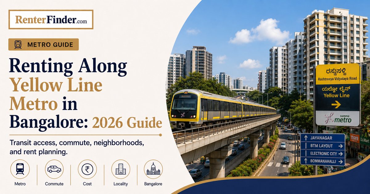 Bangalore Yellow Line metro corridor map highlighting rental localities near Electronic City, BTM Layout, Silk Board and Bommasandra for 2026 renters.