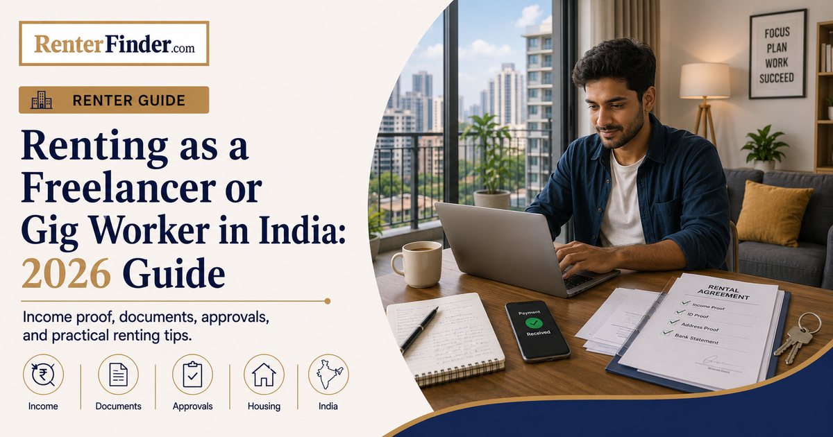 Indian freelancer or gig worker reviewing rental documents at a desk, preparing to rent a flat without a traditional salary slip.