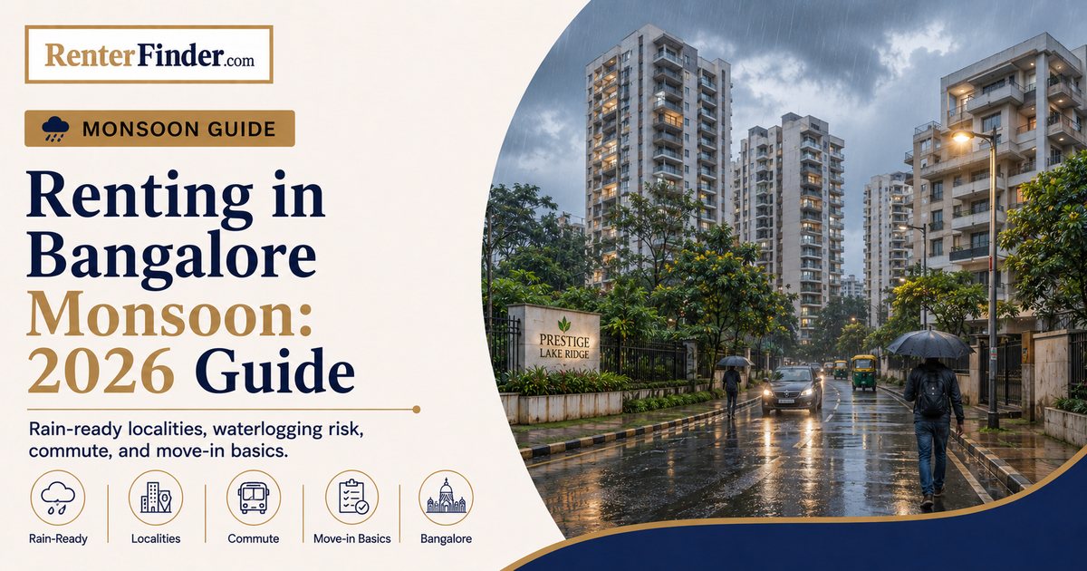 Bangalore apartment building in monsoon rain - a practical guide for renters on how to find and negotiate a flat during the July-September monsoon season.