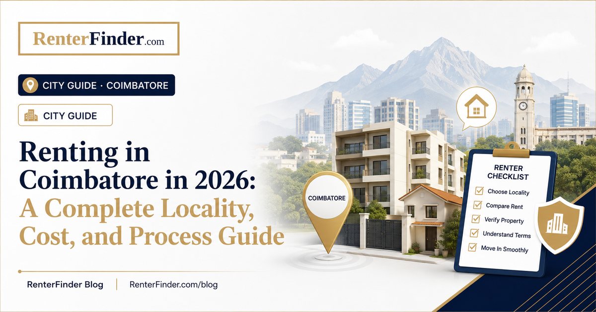 Coimbatore cityscape in Tamil Nadu, India - 2026 rental guide covering Saibaba Colony, RS Puram, Peelamedu, and other prime localities for tenants.
