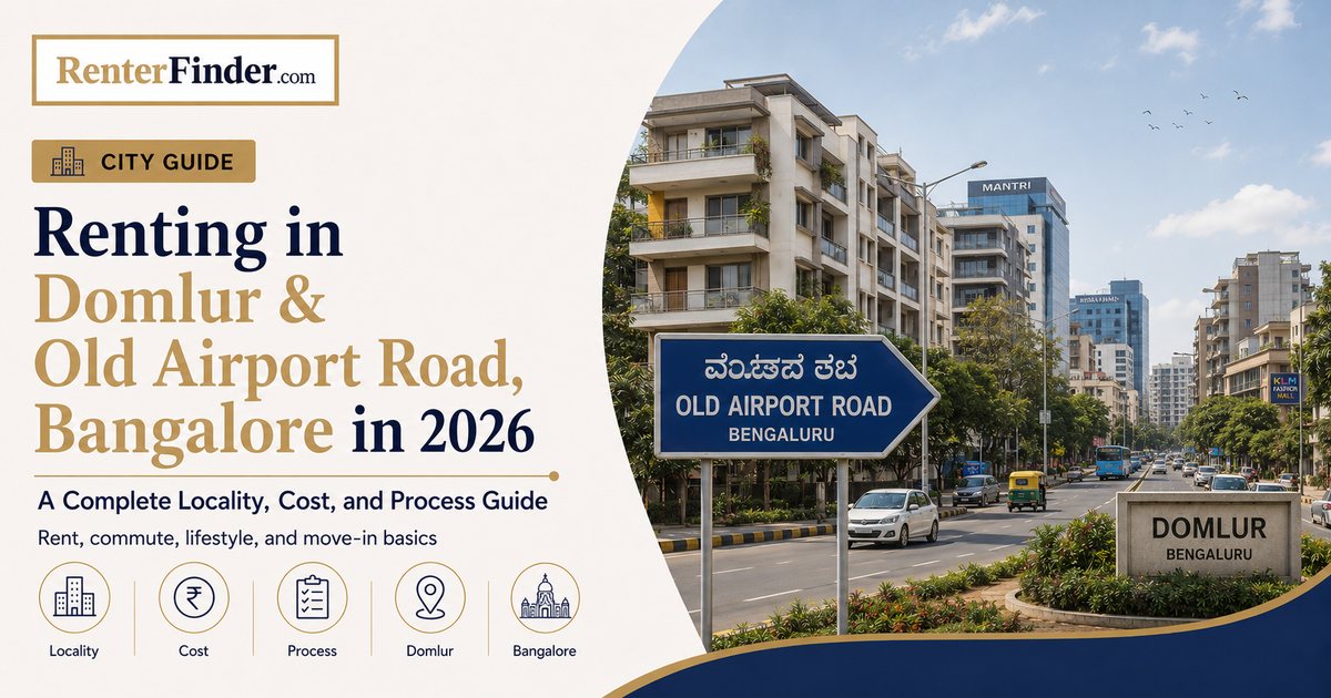 Domlur and Old Airport Road locality guide for Bangalore renters in 2026 - a neighbourhood of tree-lined streets, Purple Line metro access, and flats popular with IT and embassy professionals.