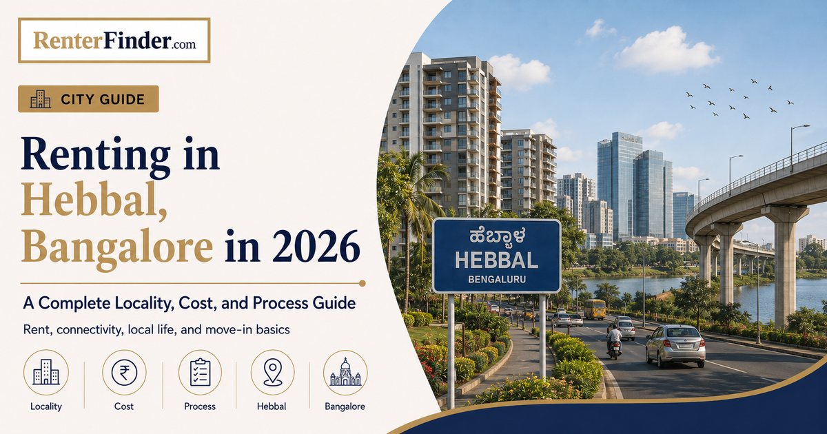 Aerial view of Hebbal flyover and Hebbal Lake in north Bangalore with apartment buildings - renting near Manyata Tech Park 2026 guide.