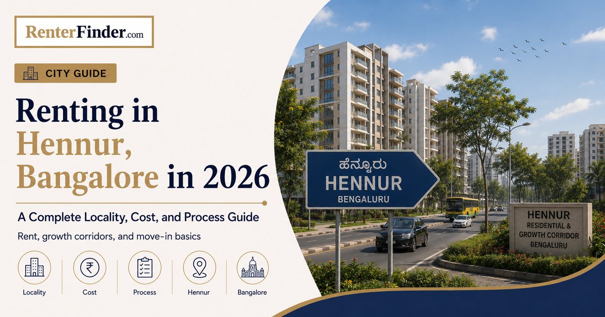 Hennur Bangalore 2026 renter guide - residential street in HBR Layout with standalone buildings and gated apartment complexes in north-east Bangalore.