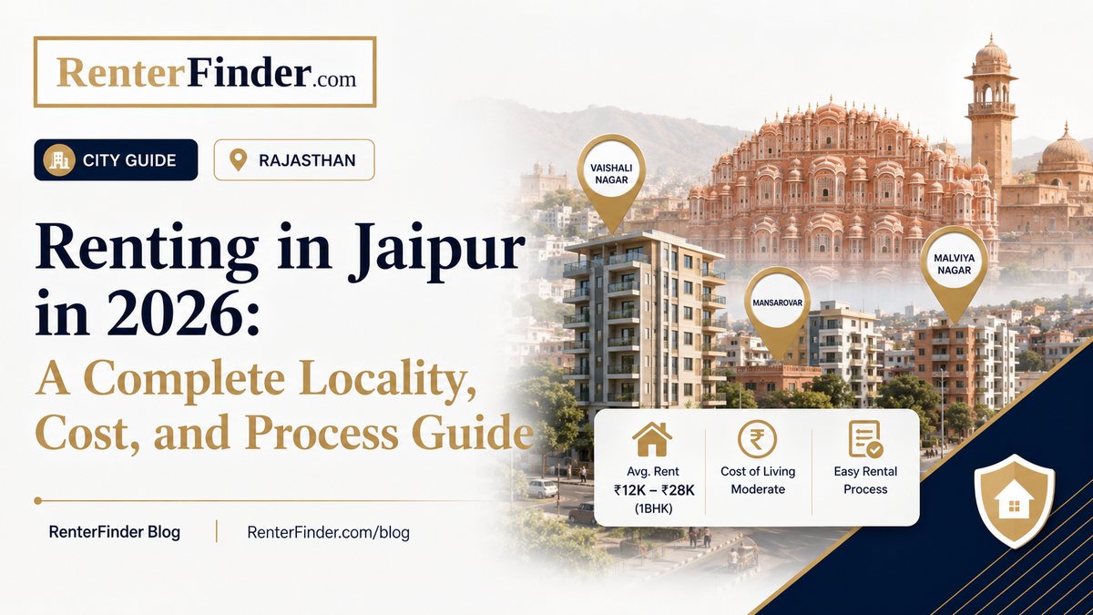 Jaipur (Pink City) cityscape in Rajasthan, India - 2026 rental guide covering Malviya Nagar, Vaishali Nagar, Mansarovar, and other prime localities.