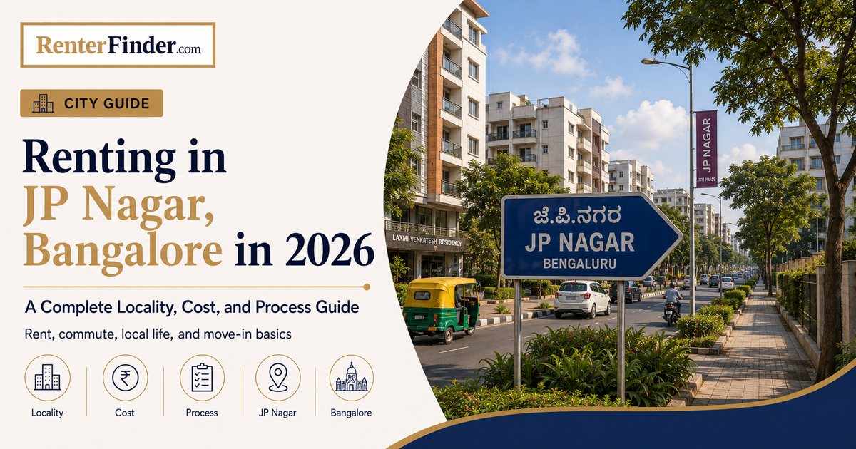 JP Nagar Bangalore residential locality guide for renters in 2026 - wide tree-lined roads and apartment buildings in south Bangalore.