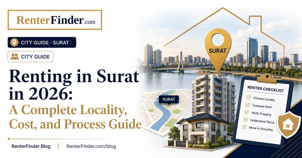 Surat city skyline in Gujarat, India - 2026 rental guide covering Adajan, Vesu, Piplod, and other prime localities for tenants in Surat.