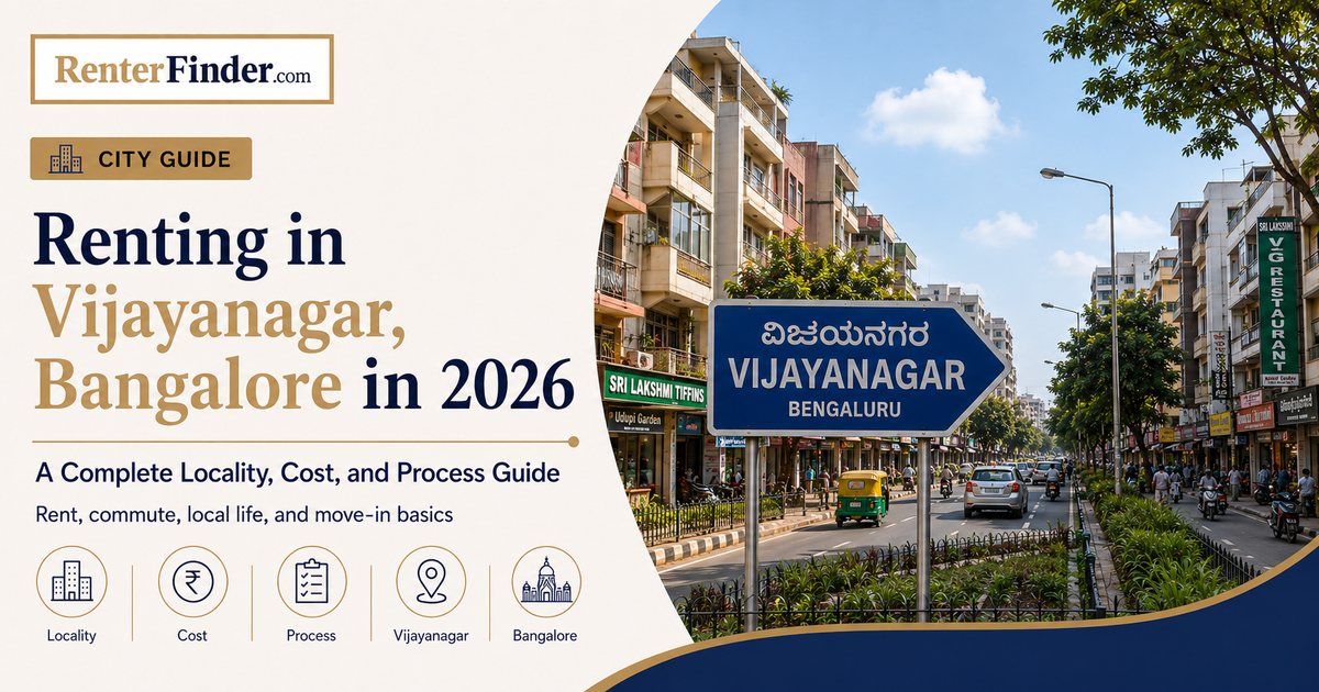Residential street in Vijayanagar, west Bangalore, showing apartment buildings and the Green Line metro corridor - a guide for renters in 2026.