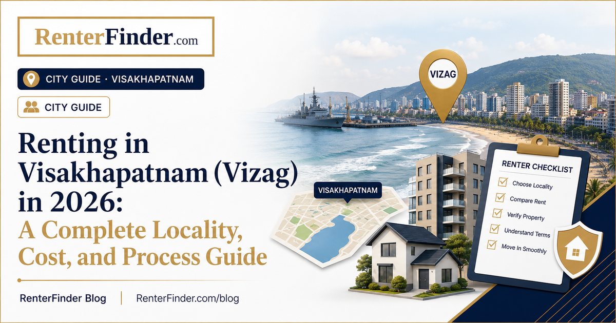Visakhapatnam (Vizag) coastal cityscape in Andhra Pradesh, India - 2026 rental guide for Vizag covering MVP Colony, Madhurawada, and beachside areas.