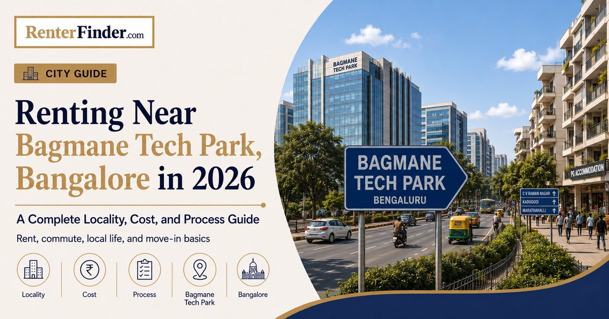 Map of best rental localities near Bagmane Tech Park Bangalore 2026 - CV Raman Nagar, Banaswadi, KR Puram, Marathahalli rent guide.