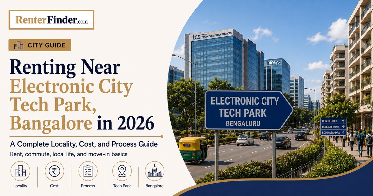 Map-style illustration of Bangalore's Electronic City tech park with surrounding rental localities highlighted for tech workers in 2026.
