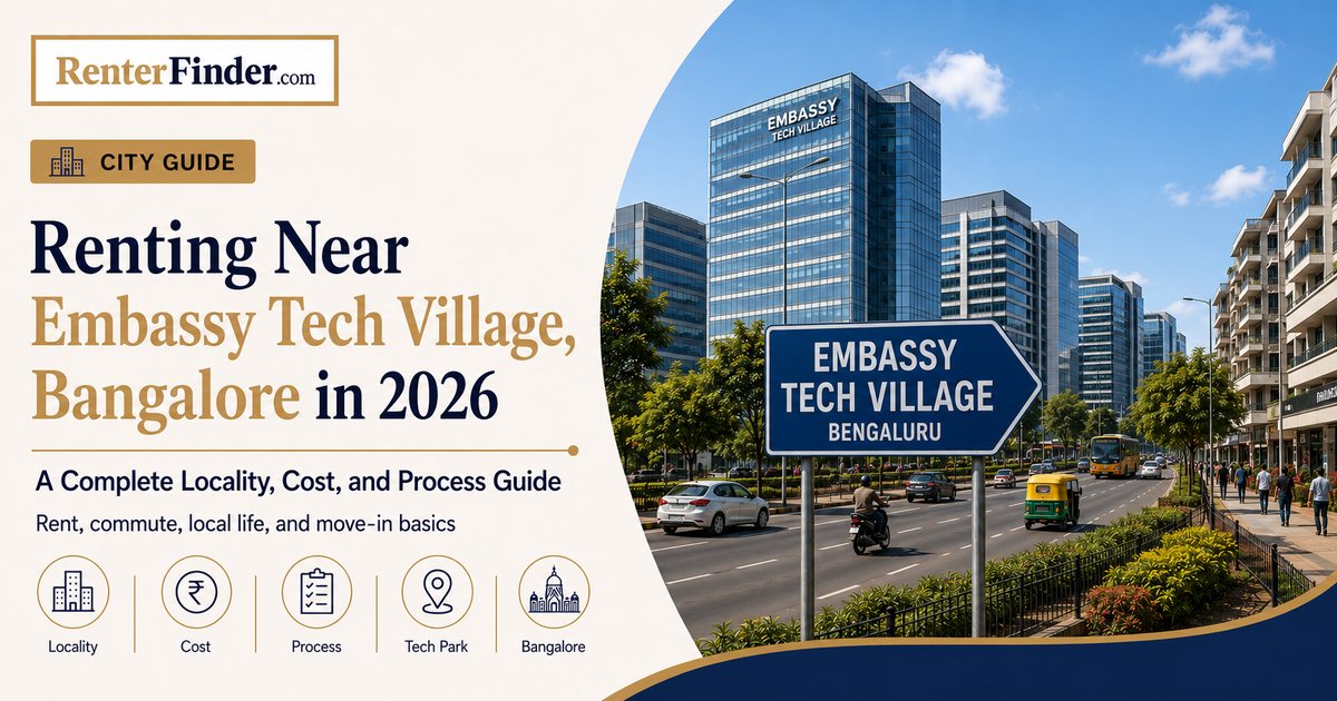 Map illustration of localities near Embassy Tech Village Bangalore with commute times and rent ranges for 2026 renters.