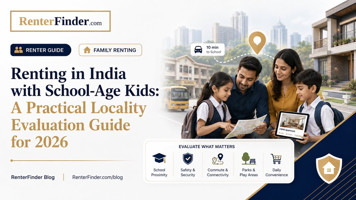 Indian family with school-age kids unpacking in a new rental flat - guide to renting in India when school admissions and zoning matter.