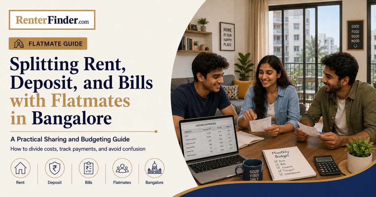 Two flatmates in Bangalore reviewing their shared expenses and rent split before moving into a shared flat.