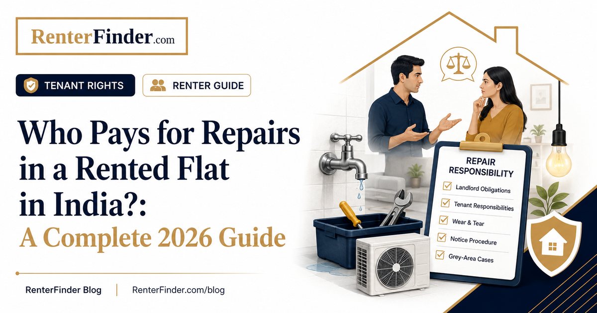 Indian landlord and tenant discussing who pays for repairs in a rented flat - structural versus everyday wear-and-tear repair responsibility guide.