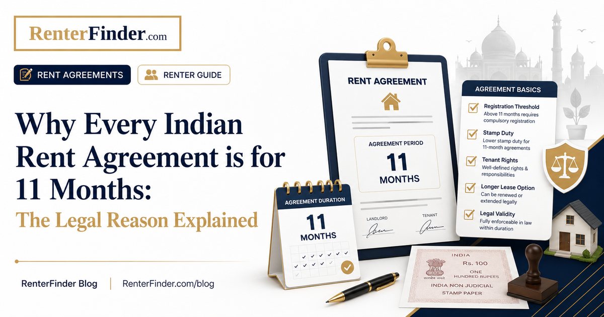 Indian rent agreement document on a table next to a calendar showing 11 months - the legal reasons most Indian rent agreements run 11 months.